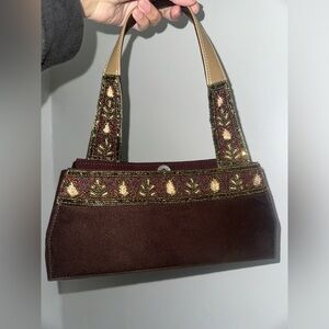 Brown suede beaded shoulder bag